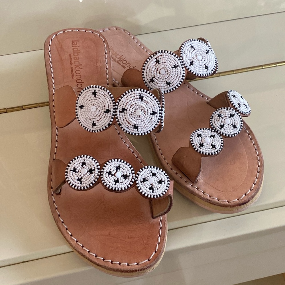 White Beaded Leather Slide Sandals - Women